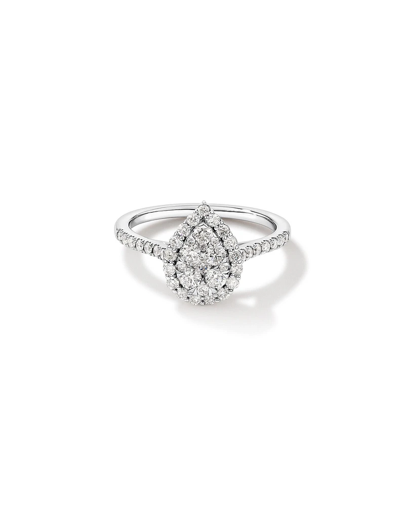 0.79 Carat TW Pear Shaped Cluster Diamond Halo Engagement Ring in 14kt White Gold