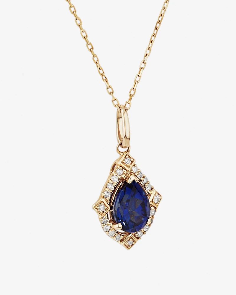 Pear Cut Created Sapphire and Diamond Halo Pendant Necklace in 10kt Yellow Gold