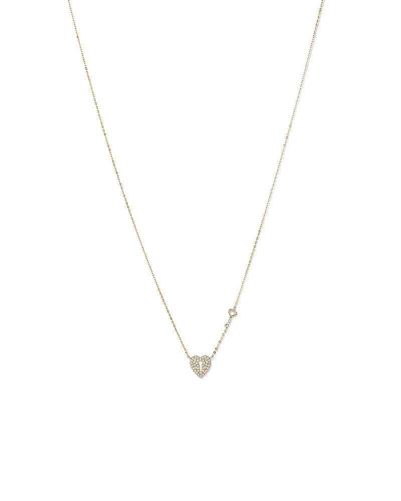 Cubic Zirconia Love Heart Lock and Key Necklace in 10kt Yellow Gold