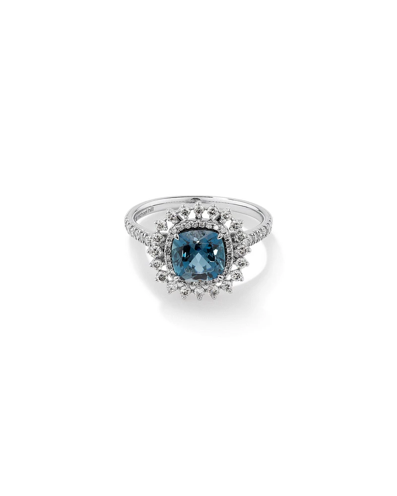 London Blue Topaz Lacy Halo Ring with .50TW of Diamonds in 10kt White Gold