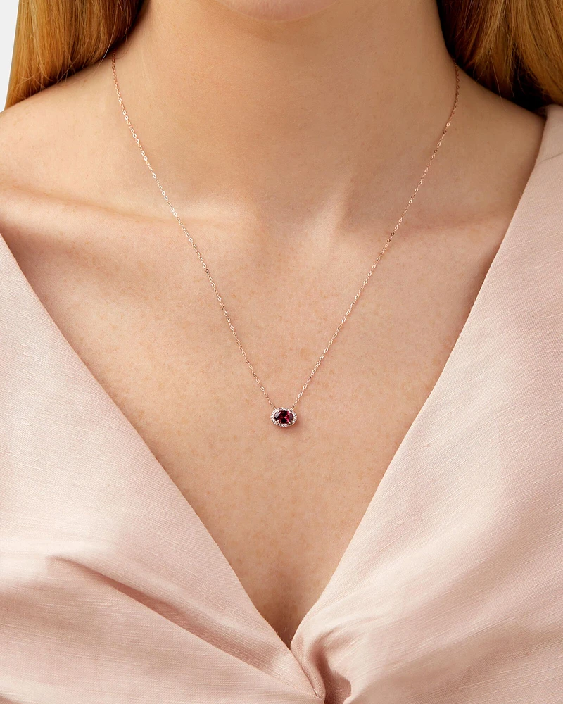 Halo Necklace with Rhodolite Garnet & Diamonds in 10kt Rose Gold