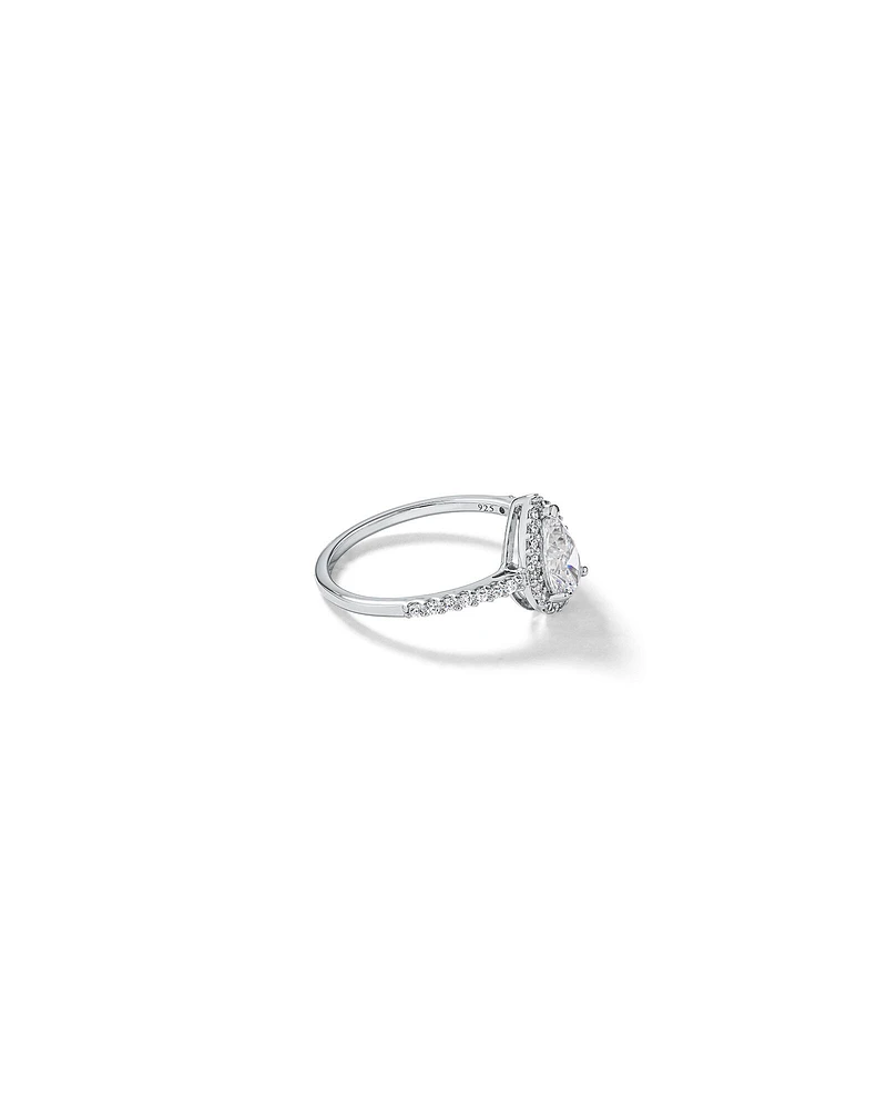 Pear Shaped Cubic Zirconia Halo and Side Accent Ring in Sterling Silver