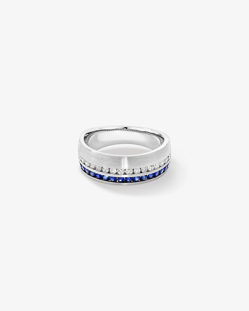 0.46 Carat TW Diamond and Blue Sapphire Gemstone Men's Ring in 10kt White Gold