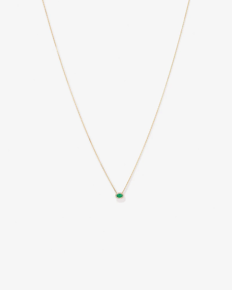 Oval Cut Green Emerald Gemstone and 0.05 Carat TW Diamond Halo Necklace in 10kt Yellow Gold