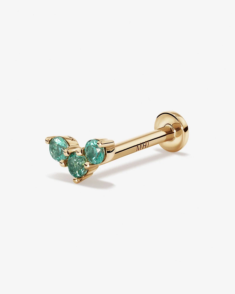 Green Emerald Gemstone Trio Flat Back Helix Stud Earring in 10kt Yellow Gold