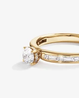 0.77 Carat TW Round Brilliant Diamond and Baguette, Princess Side Accent Engagement Ring with Hidden Halo in 14kt Yellow Gold