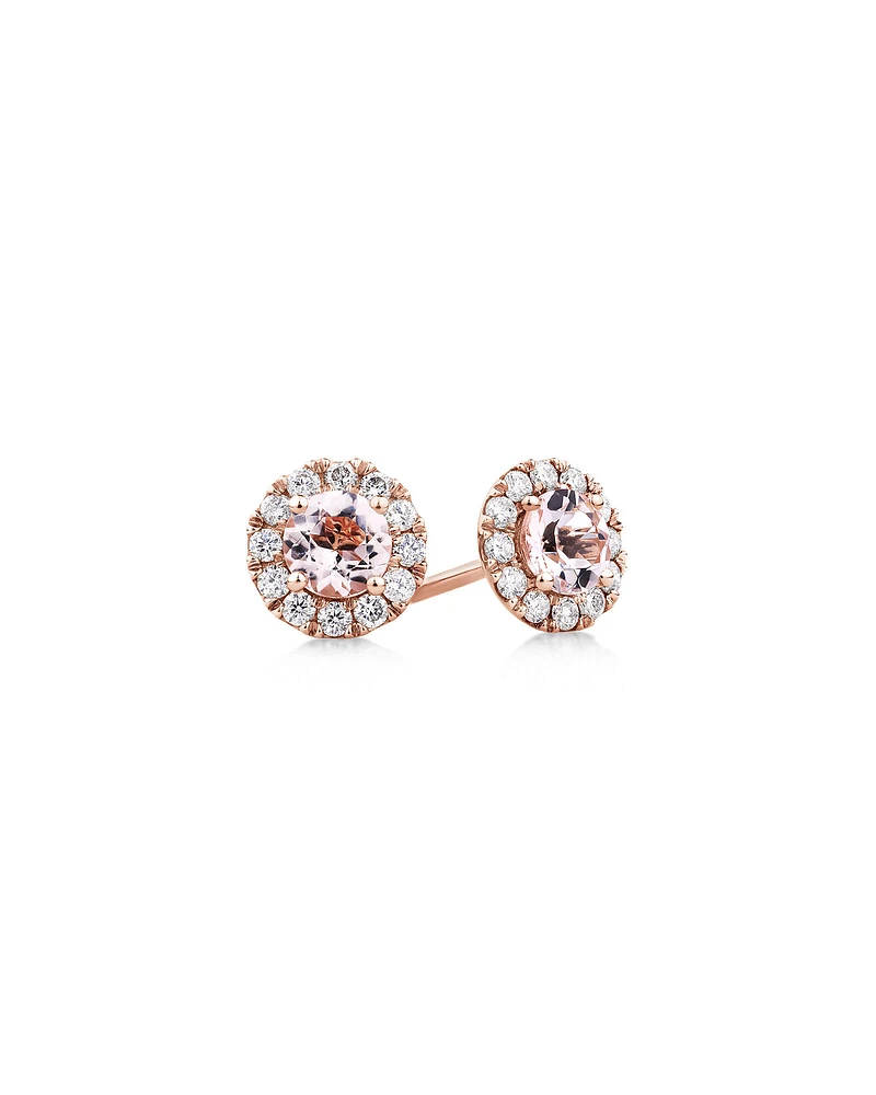 Boutons d'oreilles à halo en or rose 10 K avec morganite et diamants totalisant 0,28 ct