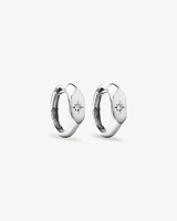 Diamond Star Accent Signet Huggie Hoop Earrings in Sterling Silver