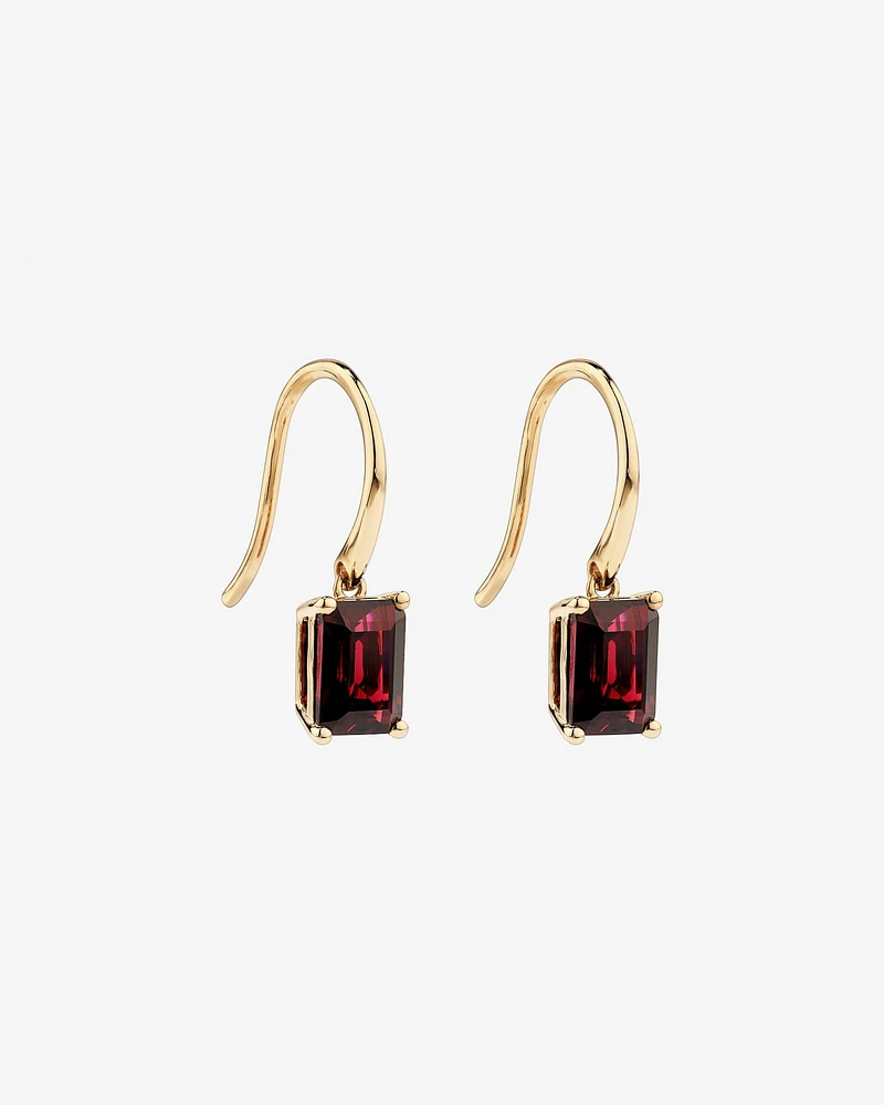 Emerald Cut Red Garnet Gemstone Drop Earrings in 10kt Yellow Gold