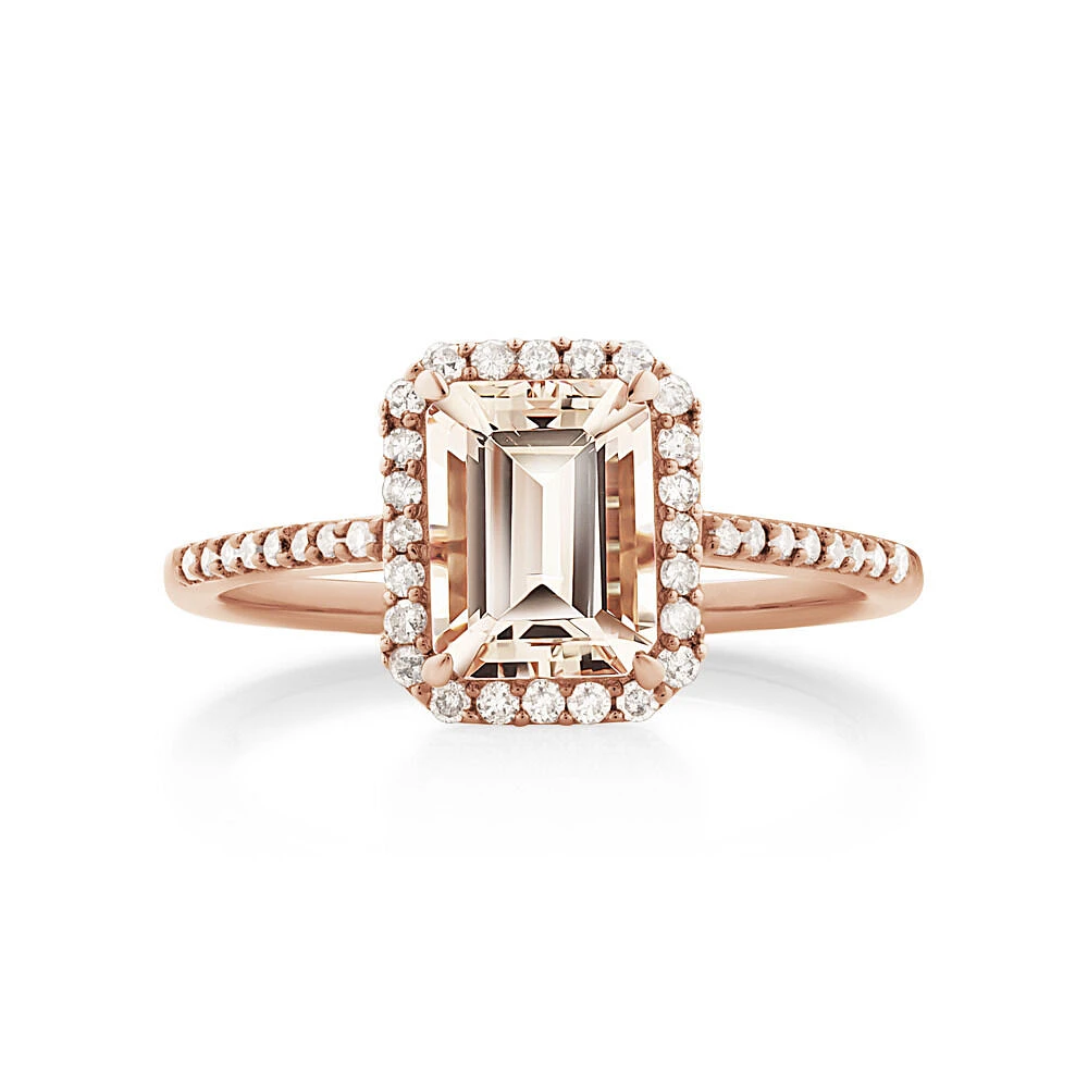 Halo Ring with Morganite & 0.22 Carat TW of Diamonds in 10kt Rose Gold