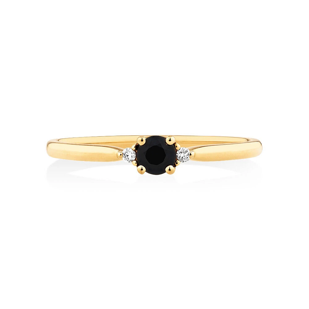 3 Stone Ring with Sapphire & Diamonds 10kt Yellow Gold