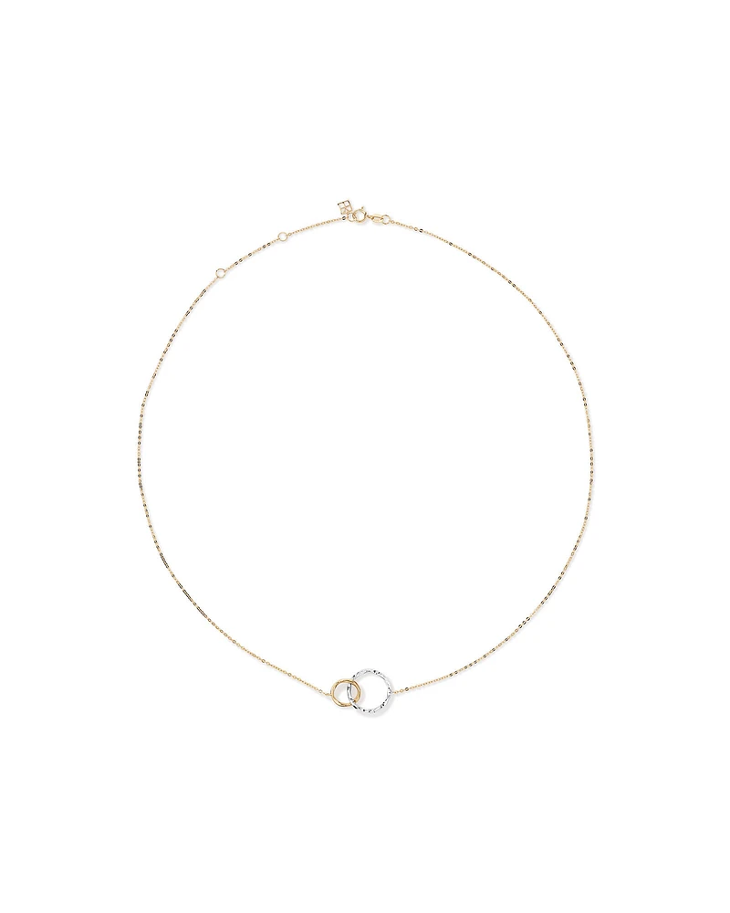 Two-Tone Double Circle Link Hammered Finish Necklace in 10kt White & Yellow Gold