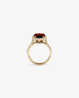 Cushion Cut Red Garnet Gemstone and Diamond Halo Ring in 10kt Yellow Gold