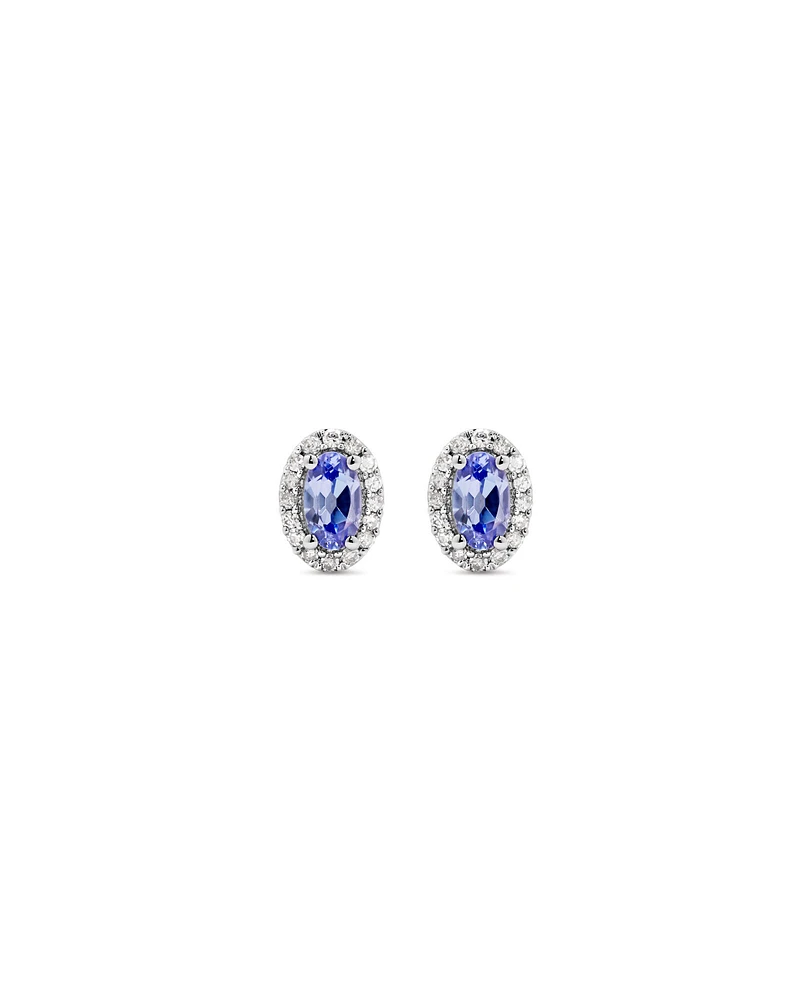 Oval Cut Blue Tanzanite Gemstone and 0.12 Carat TW Diamond Halo Stud Earrings in 10kt White Gold