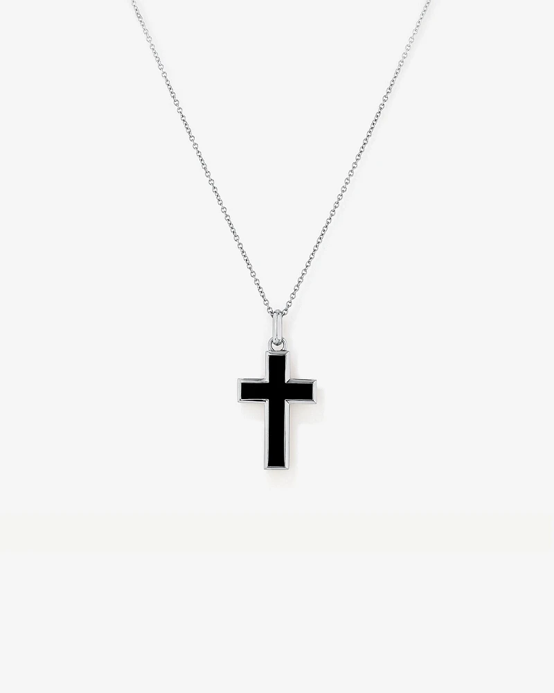 Onyx Cross Pendant in Silver with 65cm Cable Chain