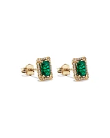 Emerald Cut Created Emerald and Diamond Halo Stud Earrings in 10kt Yellow Gold