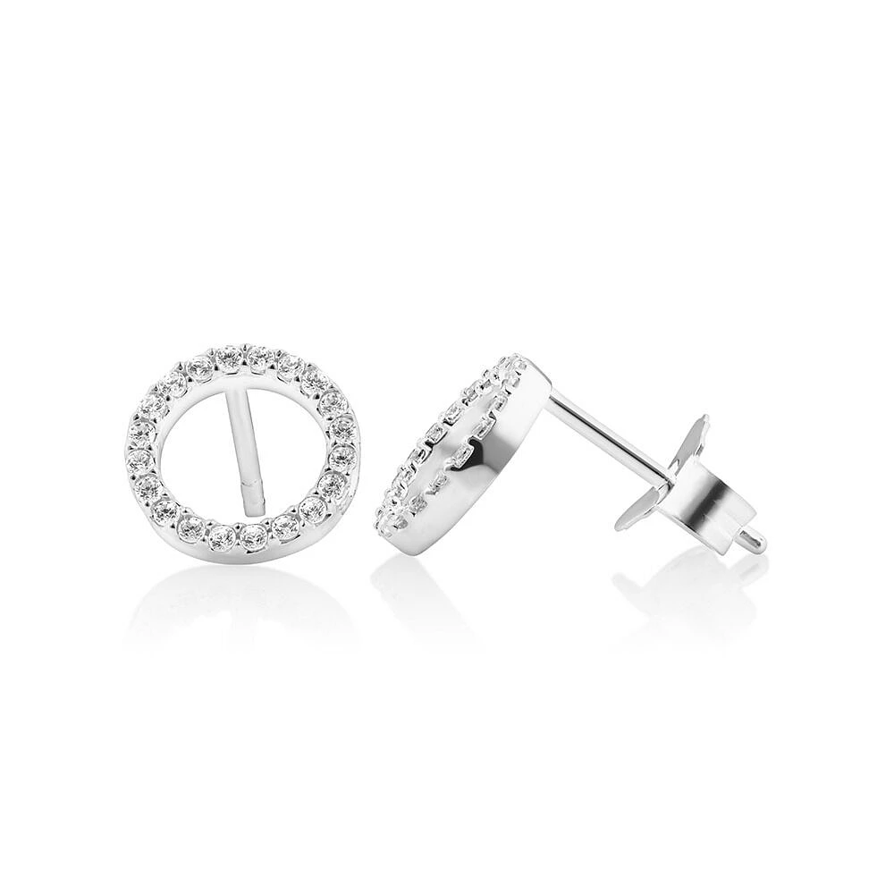 Circle Stud Earrings with Cubic Zirconia in Sterling Silver