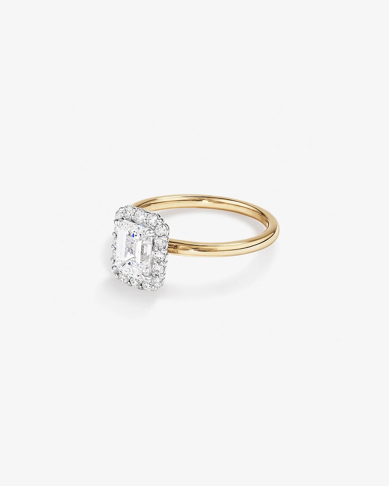 1.46 Carat TW Emerald Cut Laboratory-Grown Diamond Halo Engagement Ring in 14kt Yellow and White Gold