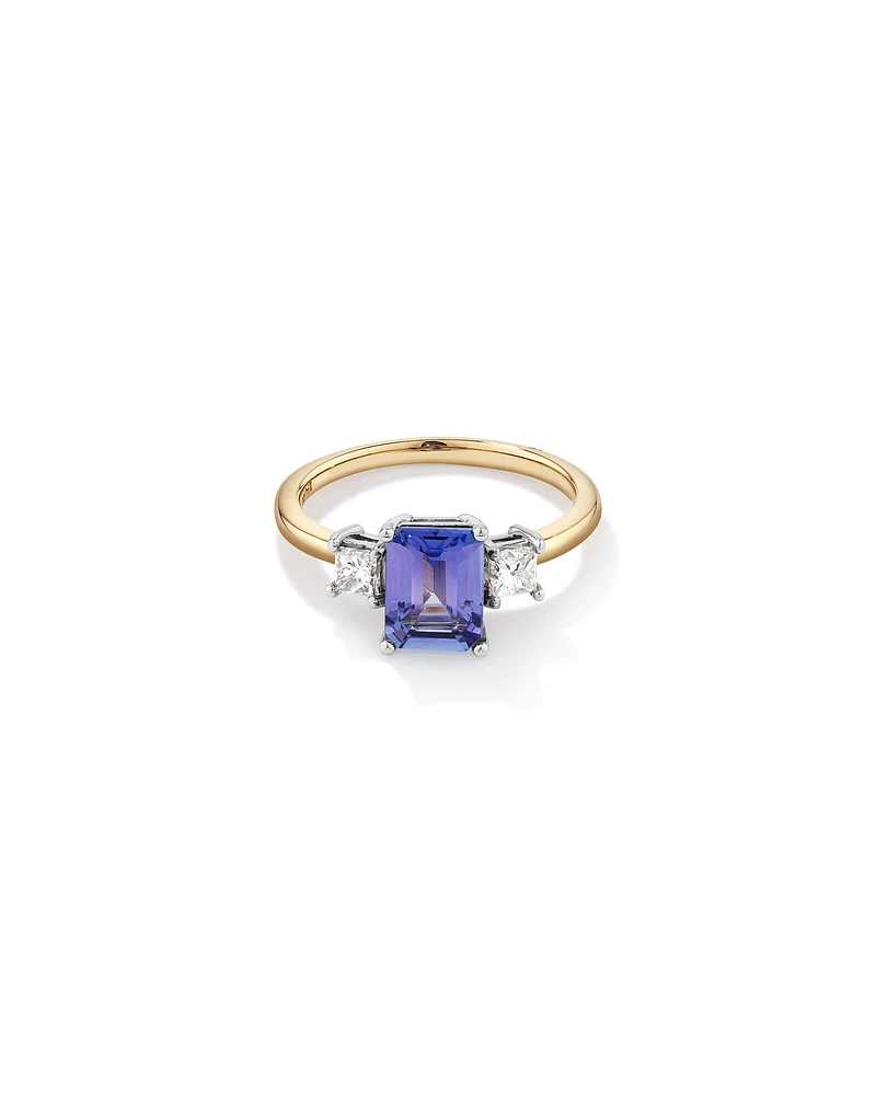 Bague en or blanc et jaune 10 K avec tanzanite et diamants totalisant 0,40 ct