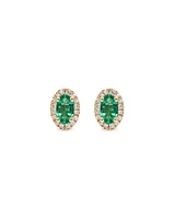 Oval Cut Green Emerald Gemstone and 0.09 Carat TW Diamond Halo Stud Earrings in 10kt Yellow Gold