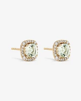 Cushion Cut Green Amethyst Gemstone and 0.32 Carat TW Diamond Halo Stud Earrings in 10kt Yellow Gold