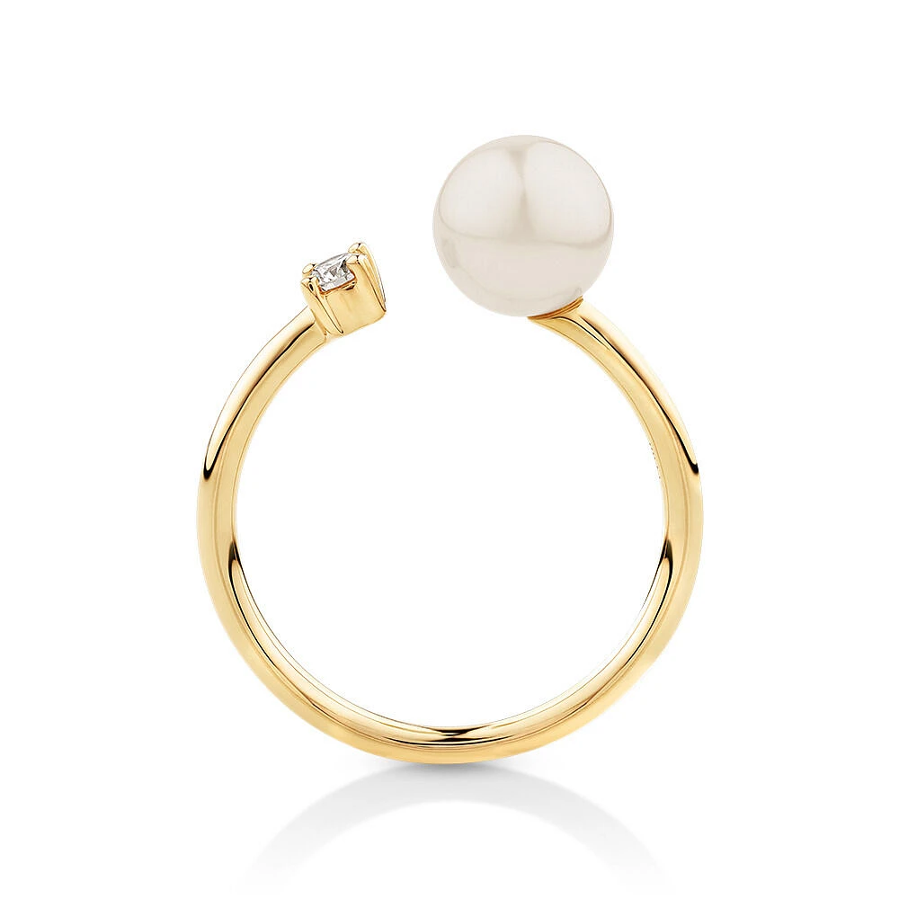 Cultured Freshwater Pearl and Diamond Open Ring in 10kt Yellow Gold