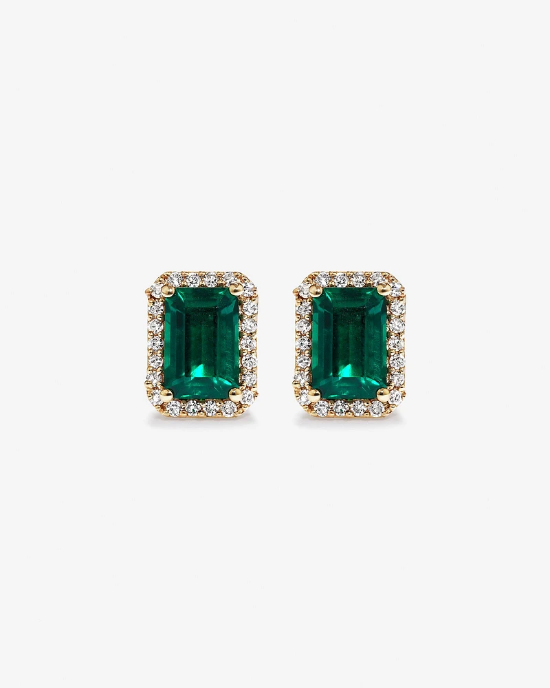 Boucles d'oreilles en or jaune 10 carats avec halo de diamants et émeraude verte synthétique taille émeraude