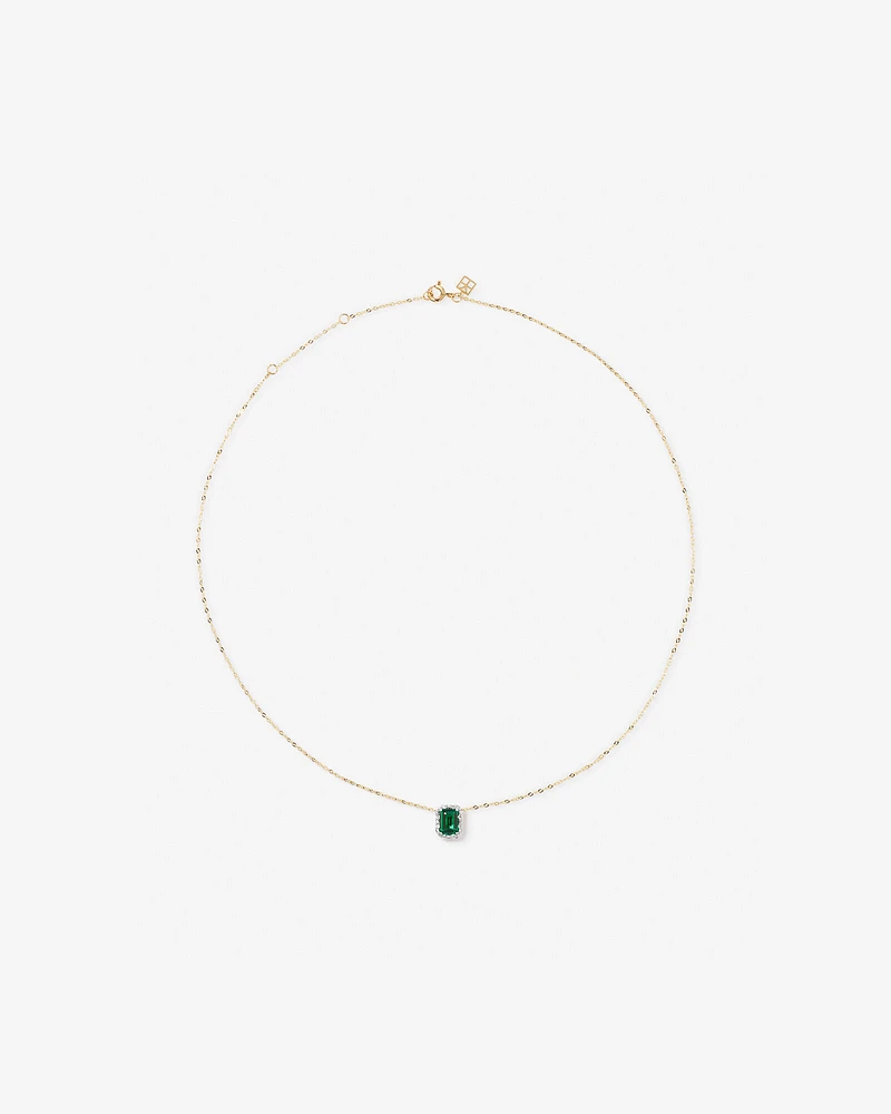 Emerald Cut Green Created Emerald and Lab-Grown Diamond Halo Stud Earrings and Pendant Necklace Set in 10kt Yellow Gold and Rhodium