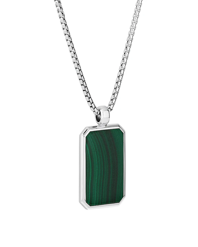 Rectangle Green Malachite Gemstone Pendant Chain Necklace in Sterling Silver