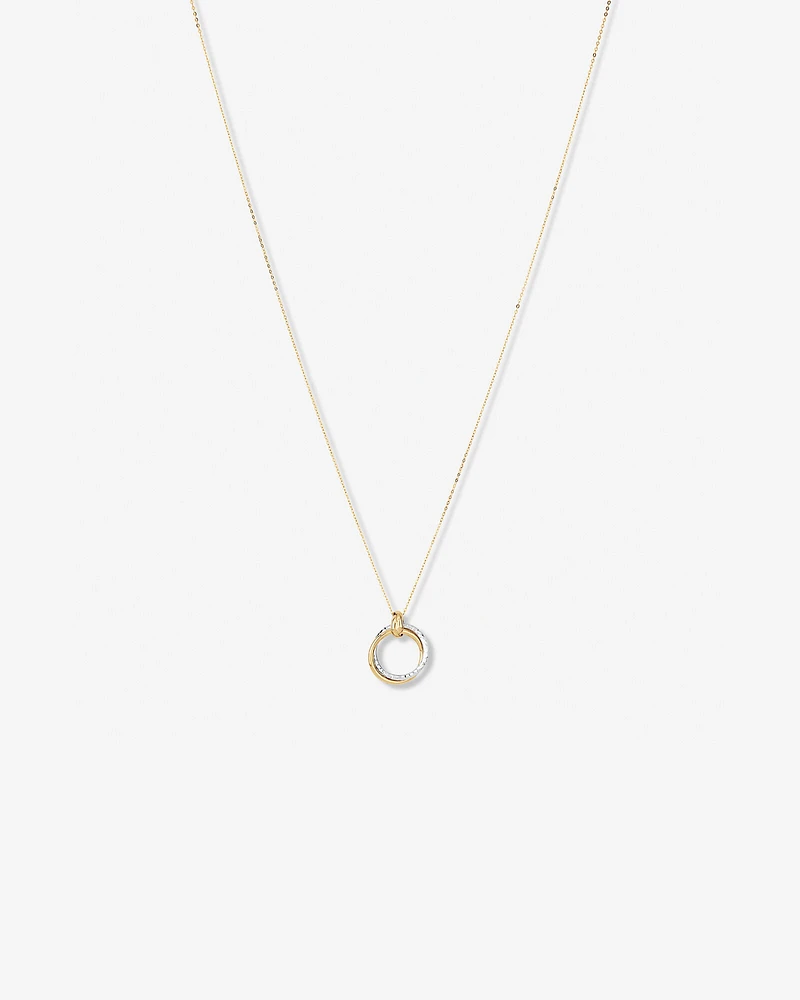 Two-Tone Double Circle Pendant Hammered Finish Necklace in 10kt White and Yellow Gold