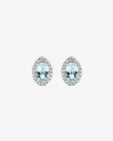 Boucles D'Oreilles Halo Avec Pierre Précieuse Aigue-Marine Bleue Taille Ovale Et 0,27 Carat Pt De Diamants En Or Blanc 10 Ct