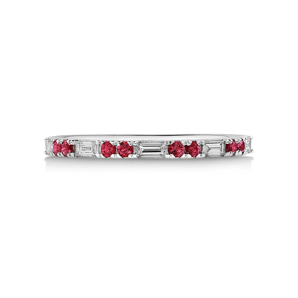 Ruby & Diamond Dot Dash Ring with 0.16 Carat TW in 10kt White Gold