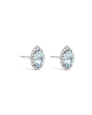 Oval Cut Blue Aquamarine Gemstone and 0.27 Carat TW Diamond Halo Stud Earrings in 10kt White Gold