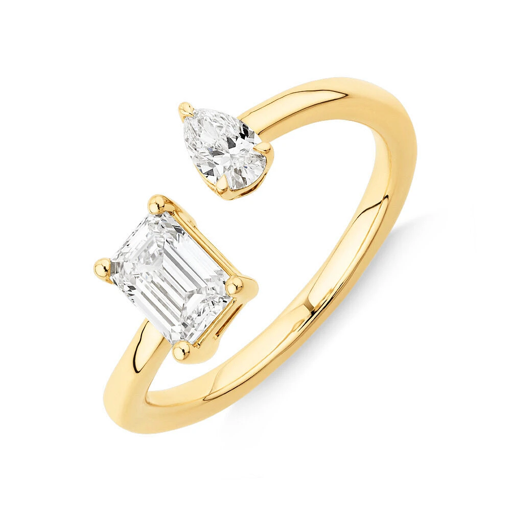 0.88 Carat TW Two Stone Emerald and Pear Cut Laboratory-Grown Diamond Engagement Ring in 14kt Yellow Gold