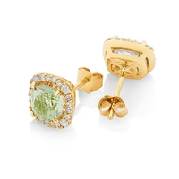 Halo Stud Earrings with Green Amethyst & 0.32 Carat TW of Diamonds in 10kt Yellow Gold