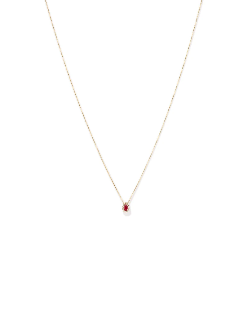 Pear Cut Red Ruby Gemstone and 0.05 Carat TW Diamond Halo Necklace in 10kt Yellow Gold