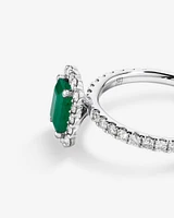 Emerald Cut Green Emerald Gemstone and 0.60 Carat TW Diamond Halo Ring in 14kt White Gold