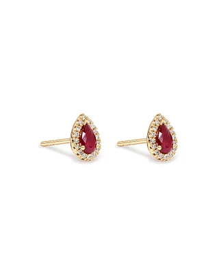 Boucles d'Oreilles Clous Halo en Pierre Précieuse Rubis Rouge Taille Poire et 0,09 Carat TW Diamant en Or Jaune 10 kt