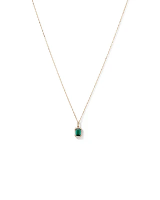 Pendentif en or jaune 10 carats avec chaîne et émeraude verte synthétique taillée en émeraude et halo de diamants