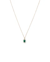 Pendentif en or jaune 10 carats avec chaîne et émeraude verte synthétique taillée en émeraude et halo de diamants