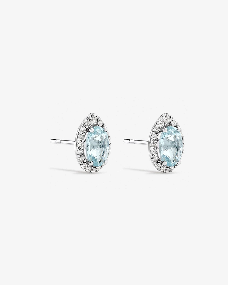 Boucles D'Oreilles Halo Avec Pierre Précieuse Aigue-Marine Bleue Taille Ovale Et 0,27 Carat Pt De Diamants En Or Blanc 10 Ct