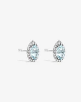 Boucles D'Oreilles Halo Avec Pierre Précieuse Aigue-Marine Bleue Taille Ovale Et 0,27 Carat Pt De Diamants En Or Blanc 10 Ct