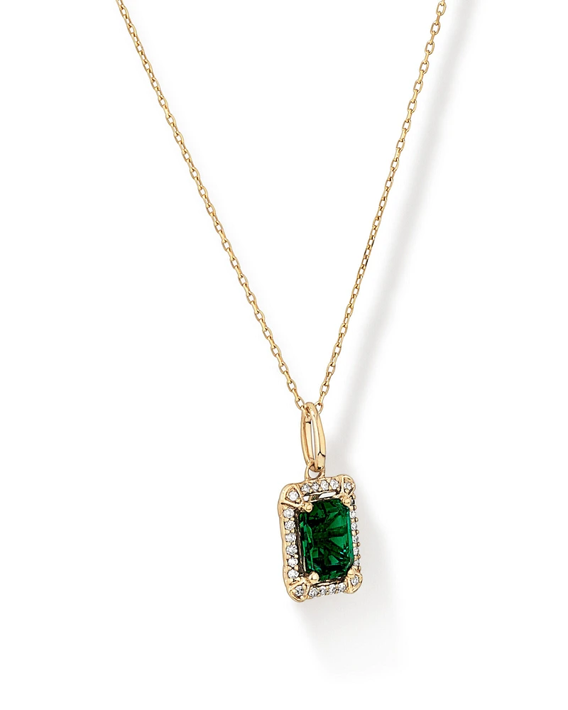 Emerald Cut Created Emerald and Diamond Halo Pendant Necklace in 10kt Yellow Gold