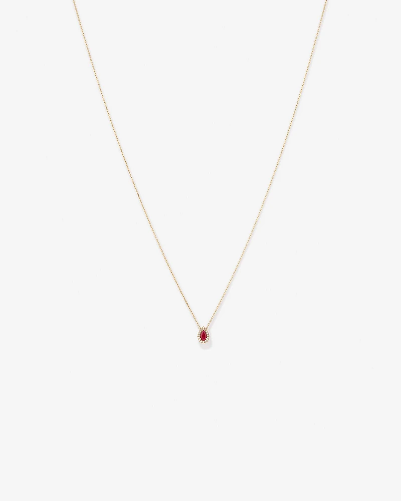 Pear Cut Red Ruby Gemstone and 0.05 Carat TW Diamond Halo Necklace in 10kt Yellow Gold