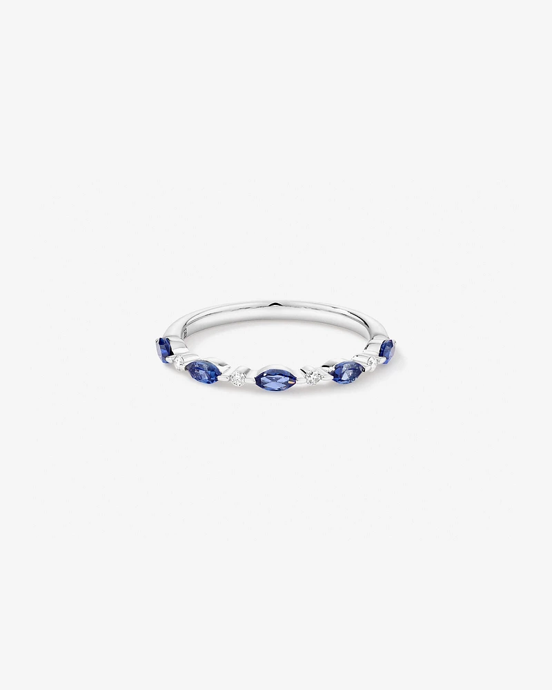 Marquise Cut Ceylon Blue Created Sapphire Gemstone and Diamond Ring in Sterling Silver