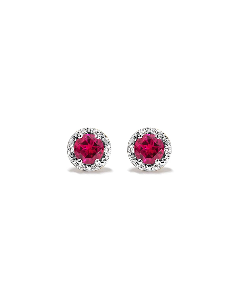 Round Cut Red Created Ruby and Lab-Grown Diamond Halo Stud Earrings and Pendant Necklace Set in 10kt Yellow & Rhodium