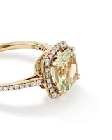 Cushion Cut Green Amethyst Gemstone and 0.25 Carat TW Diamond Halo Ring in 10kt Yellow Gold