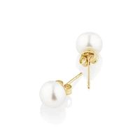 Stud Earrings with 7mm Button Cultured Freshwater Pearl in 10kt Yellow Gold