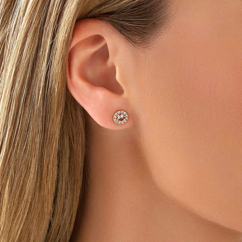 Halo Stud Earrings with Morganite & 0.28 Carat TW of Diamonds in 10kt Rose Gold