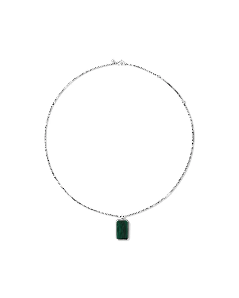 Rectangle Green Malachite Gemstone Pendant Chain Necklace in Sterling Silver